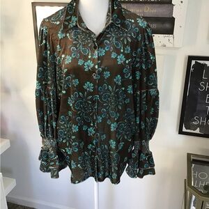 Women's Brown Floral Button-Up Blouse with Teal Print
